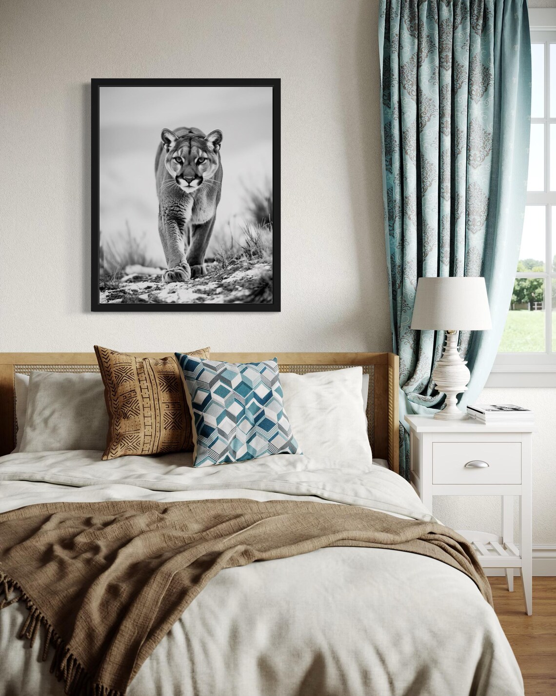 Mountain Lion Walking Through Snow Black and White Wildlife Photo Poster - Image 4