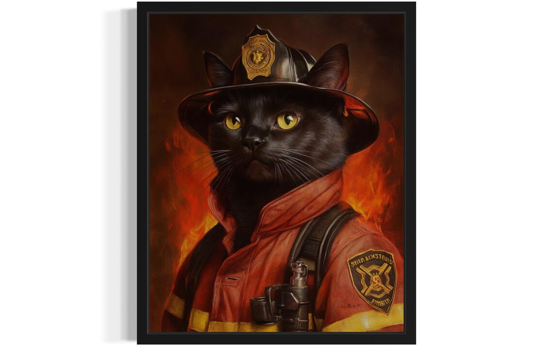 Firefighter Portrait Cat, Original Paint Artwork