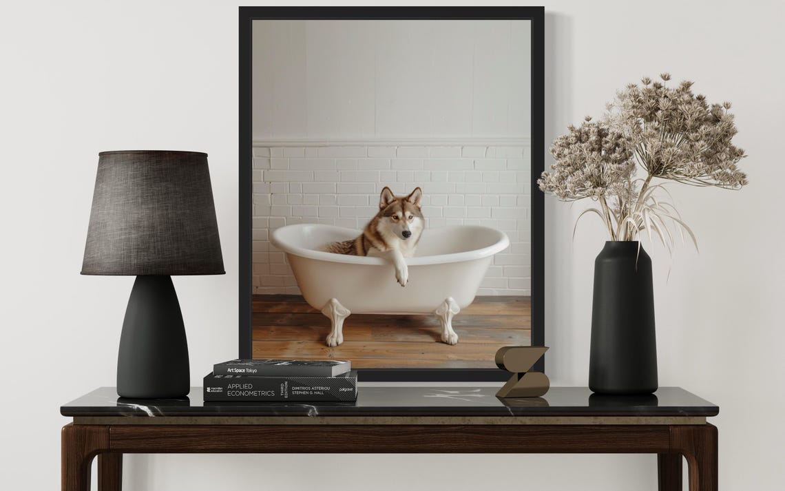 Husky Dog Resting in a White Clawfoot Tub Minimalist Photo Poster - Image 3