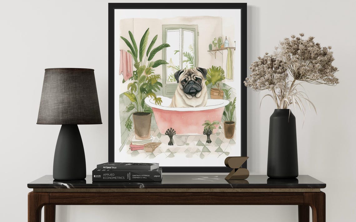 Pug Dog Bath Time Pink Clawfoot Tub Botanical Bathroom Art Poster - Image 3
