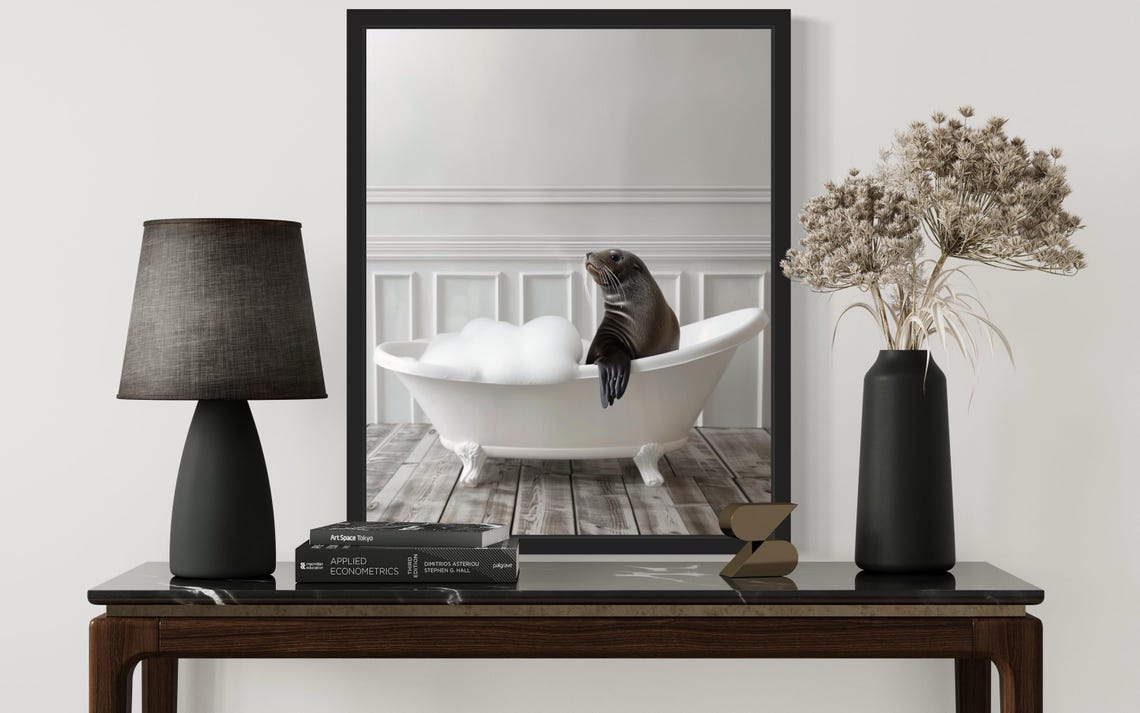 Seal Animal In Bathtub Art Print Poster Original Artwork Painting Bathroom Prints Decor - Image 2