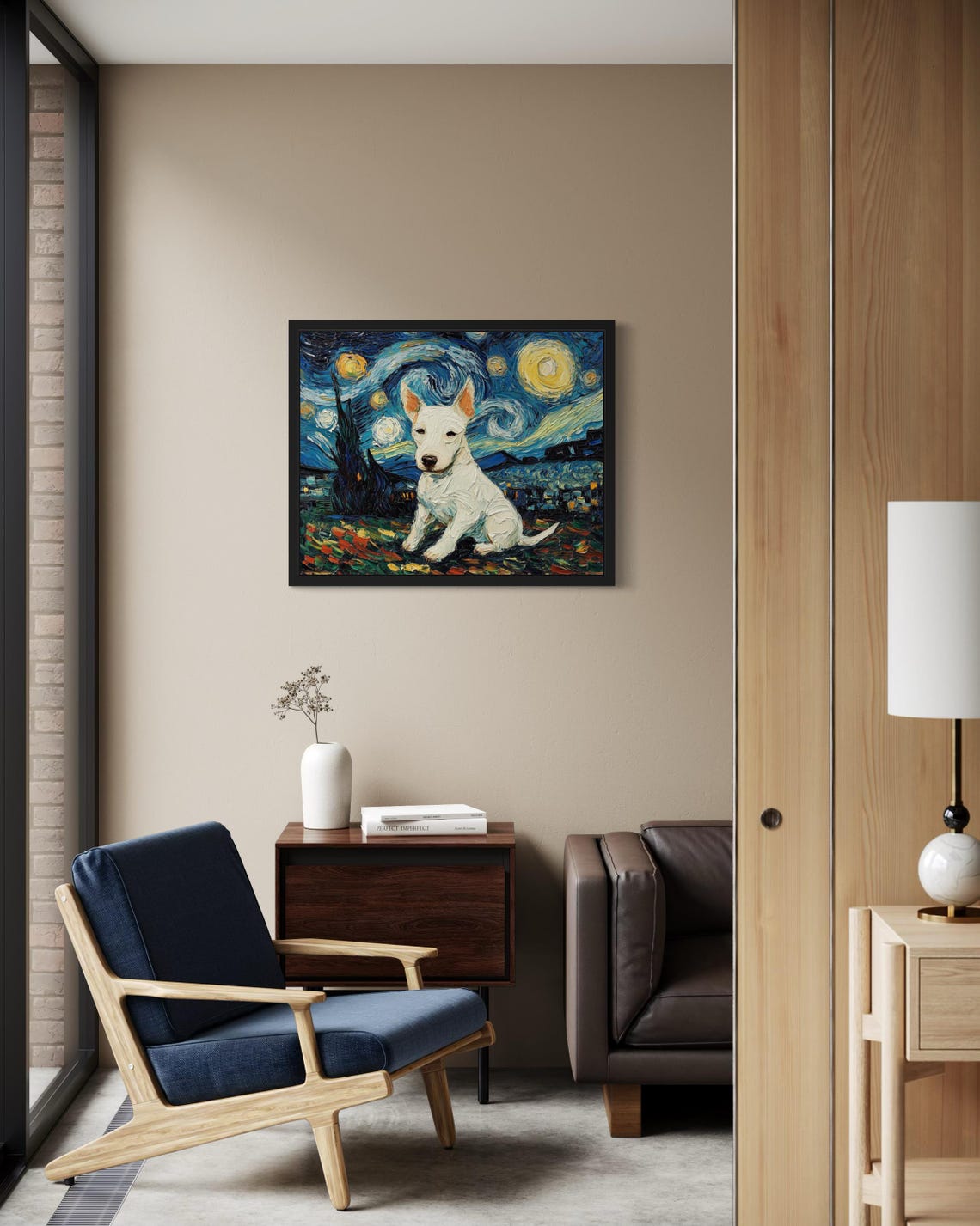 White Bull Terrier Starry Night Van Gogh Dog Portrait Poster - Image 3