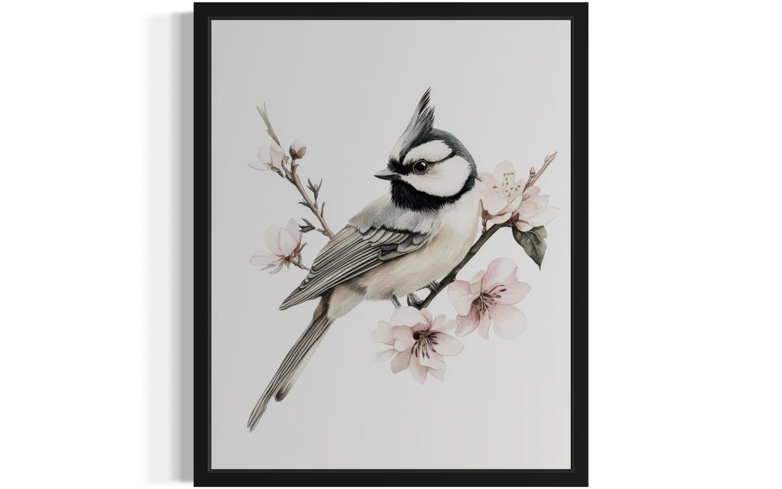 Crested Tit Perched on a Pink Blossomed Branch Watercolor Poster