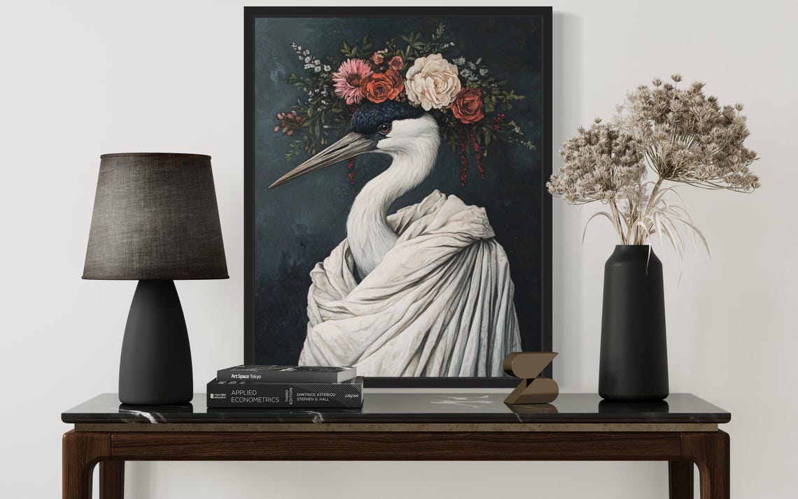White Crane Portrait with Flower Crown White Drape Art Poster - Image 3
