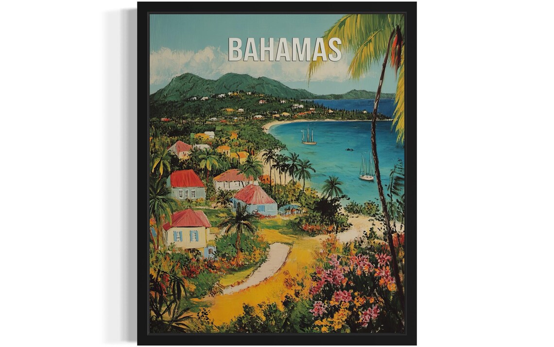 Bahamas Tropical Coast with Turquoise Bay Sailing Boats Travel Poster
