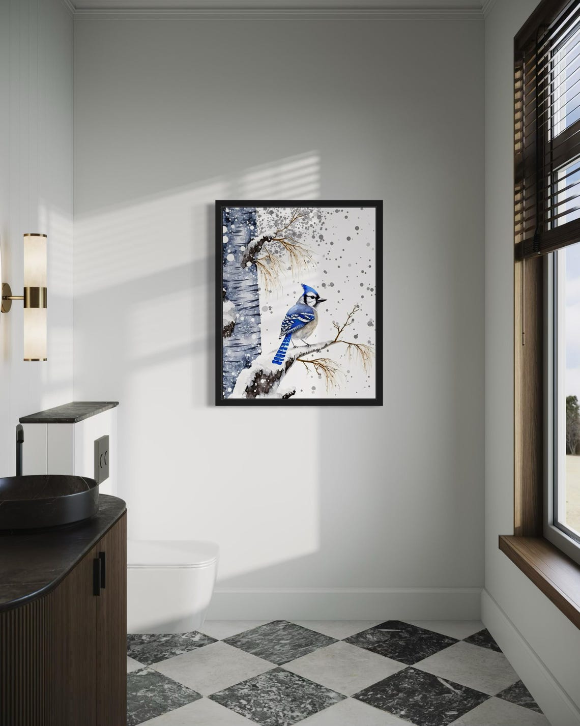 Blue Jay On Snowy Birch Branch In Falling Snow Winter Poster - Image 3