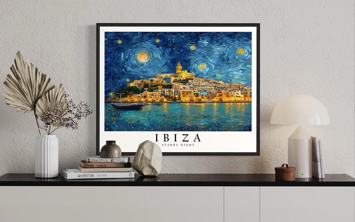Ibiza Spain Starry Night Historic Old Town Harbor Skyline Art Poster - Image 2
