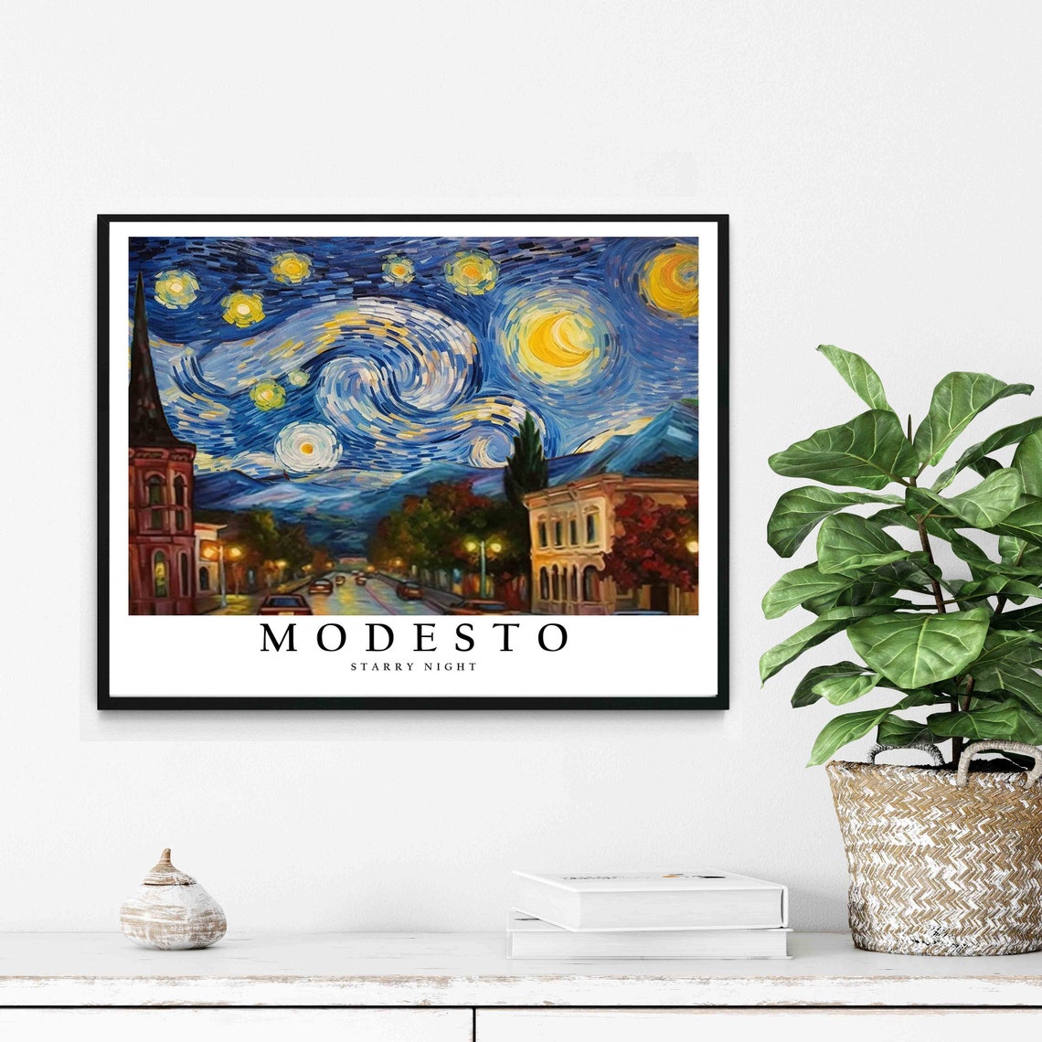 Modesto Starry Night Main Street Church Tower Warm Glow Poster - Image 2