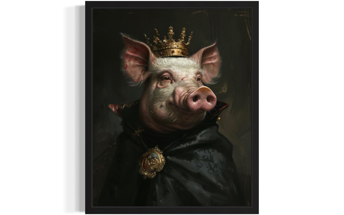 Pig King Crowned Royal Portrait Gothic Oil Painting Funny Poster