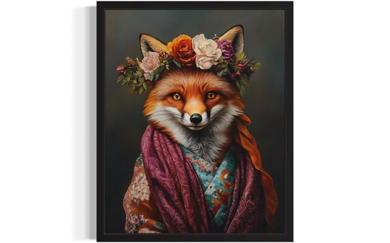 Red Fox Wearing Flower Crown and Autumn Kimono Fine Art Decor Poster
