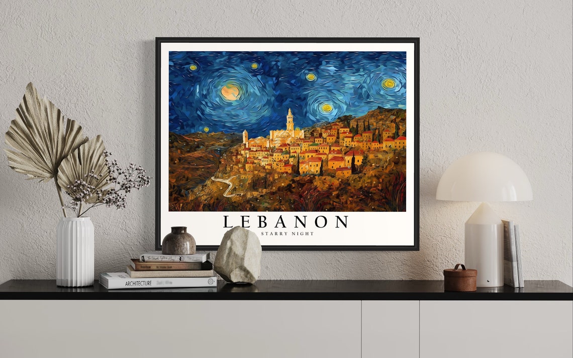 Lebanon Hilltop Village Starry Night Van Gogh Town Art Poster - Image 2