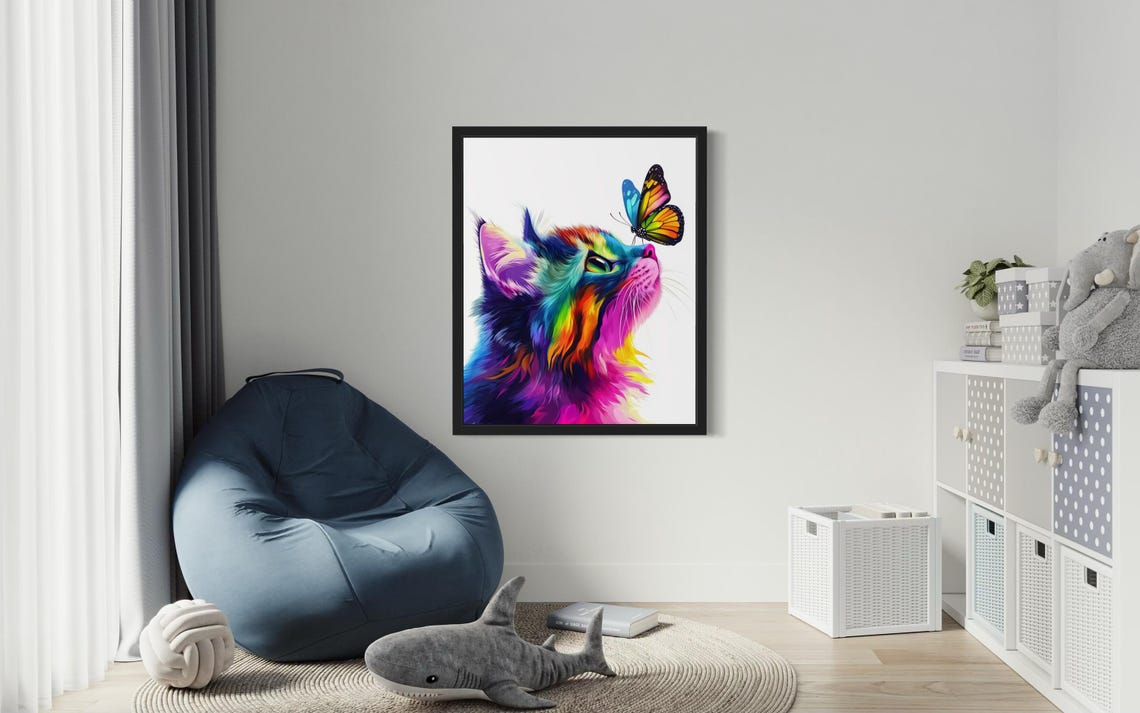 Rainbow Colored Cat with Monarch Butterfly Modern Colorful Art Print - Image 3