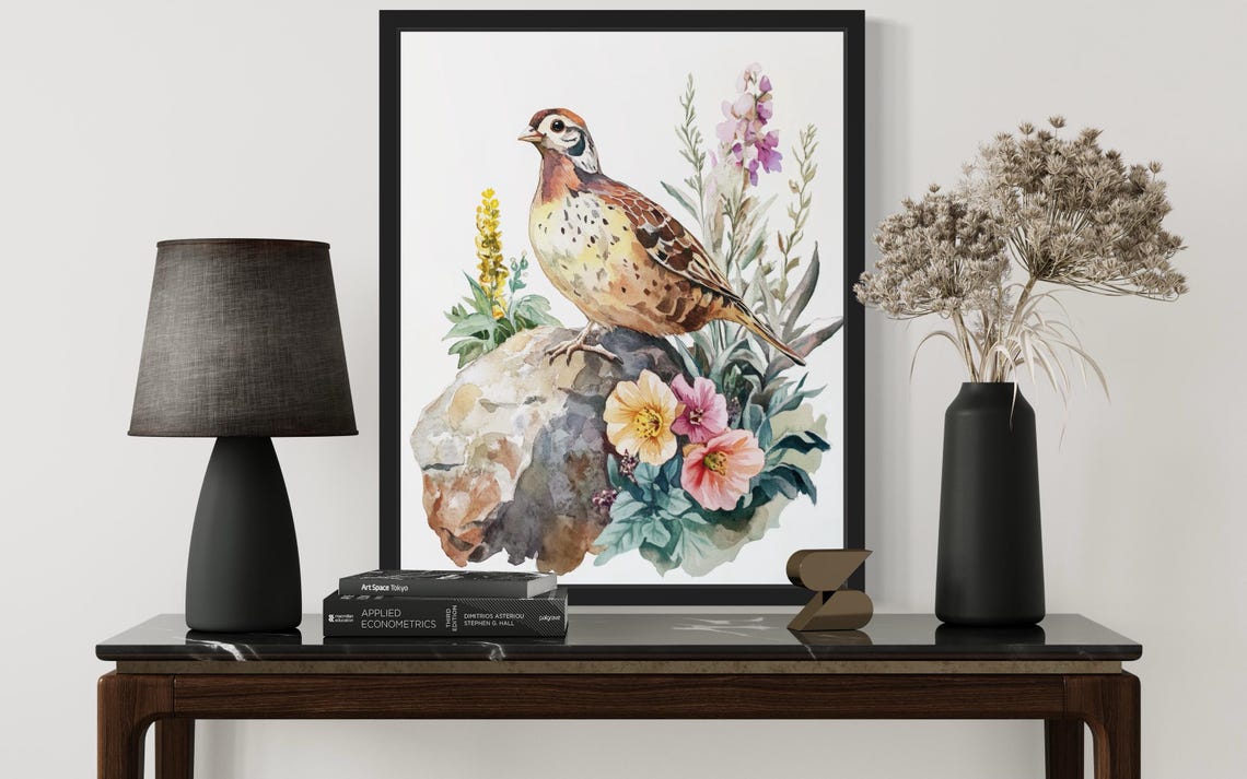 Partridge on a Mossy Rock with Wildflowers Watercolor Poster - Image 2