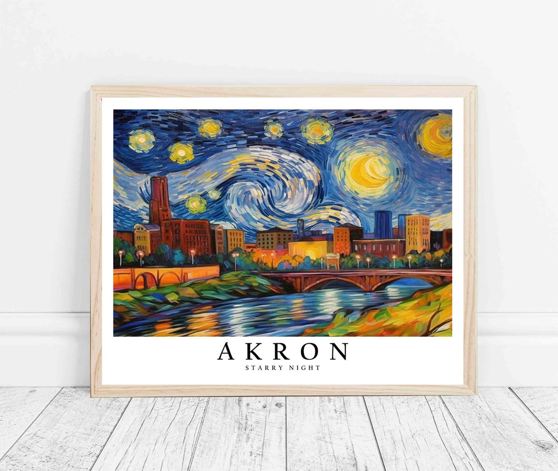 Akron Starry Night River Bridge Skyline Moonlit Painting Art Poster - Image 3