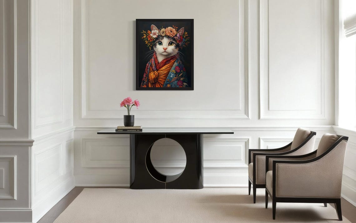 Cat Wearing Flower Crown and Orange Kimono Fine Art Decor Poster - Image 2