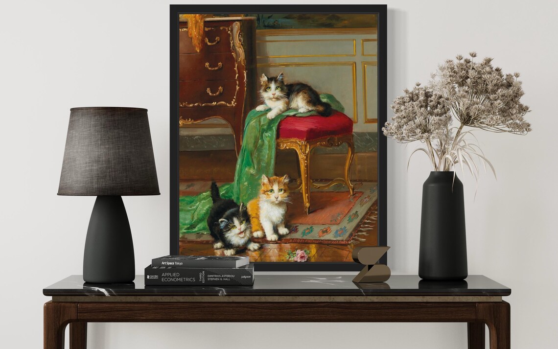 Three Playful Kittens In Elegant Vintage Interior Oil Painting Poster - Image 4