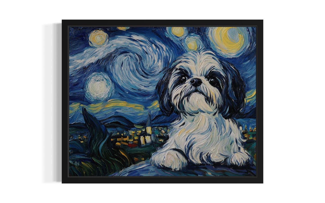 Adorable Shih Tzu Dog Portrait in Van Gogh Starry Night Style Poster