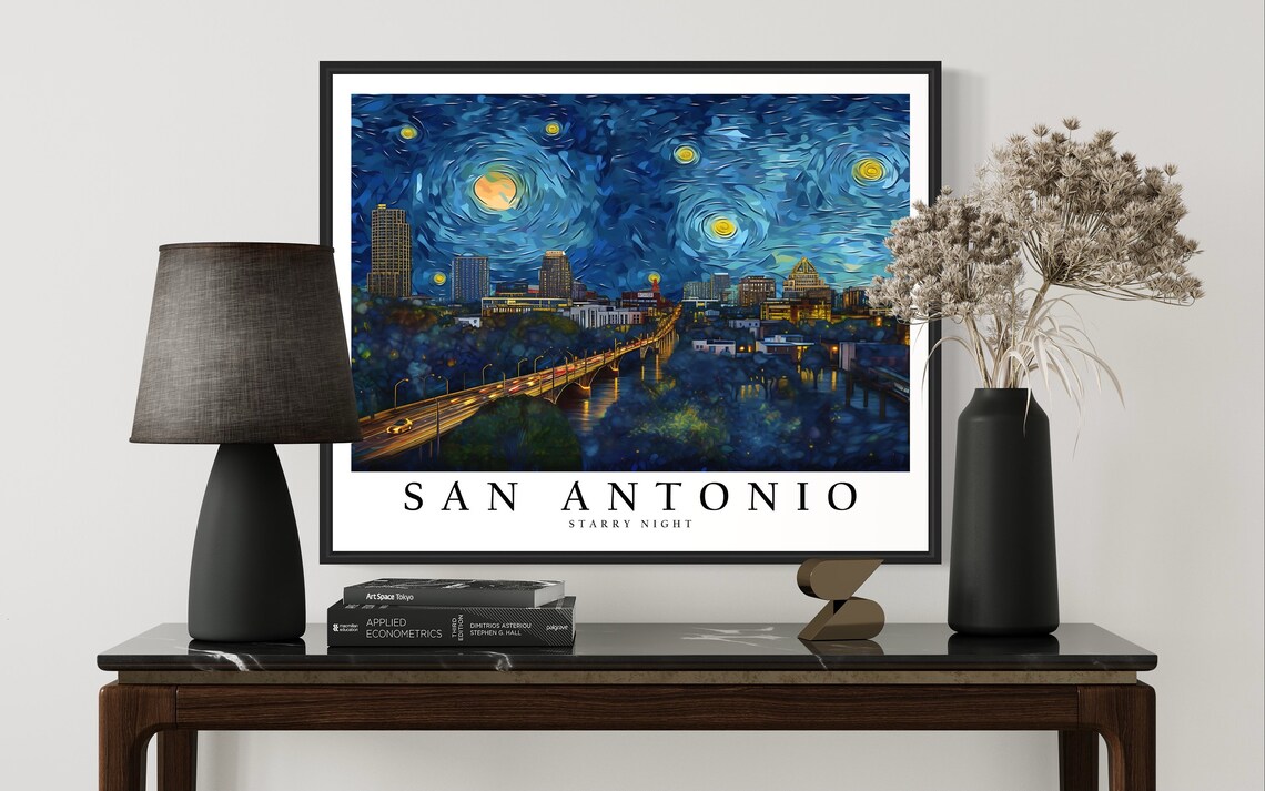 San Antonio Starry Night Riverwalk Bridge Van Gogh City Poster - Image 3