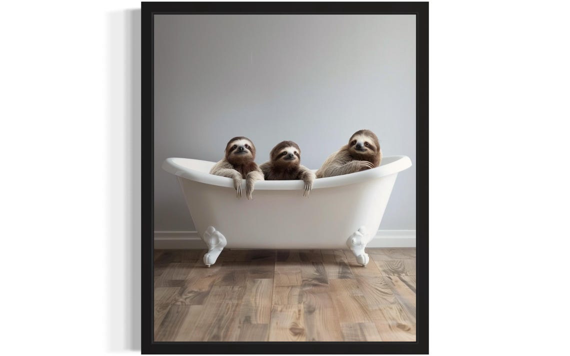Three Sloths Relaxing Together in a White Clawfoot Tub Photo Poster