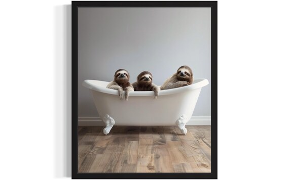 Three Sloths Relaxing Together in a White Clawfoot Tub Photo Poster
