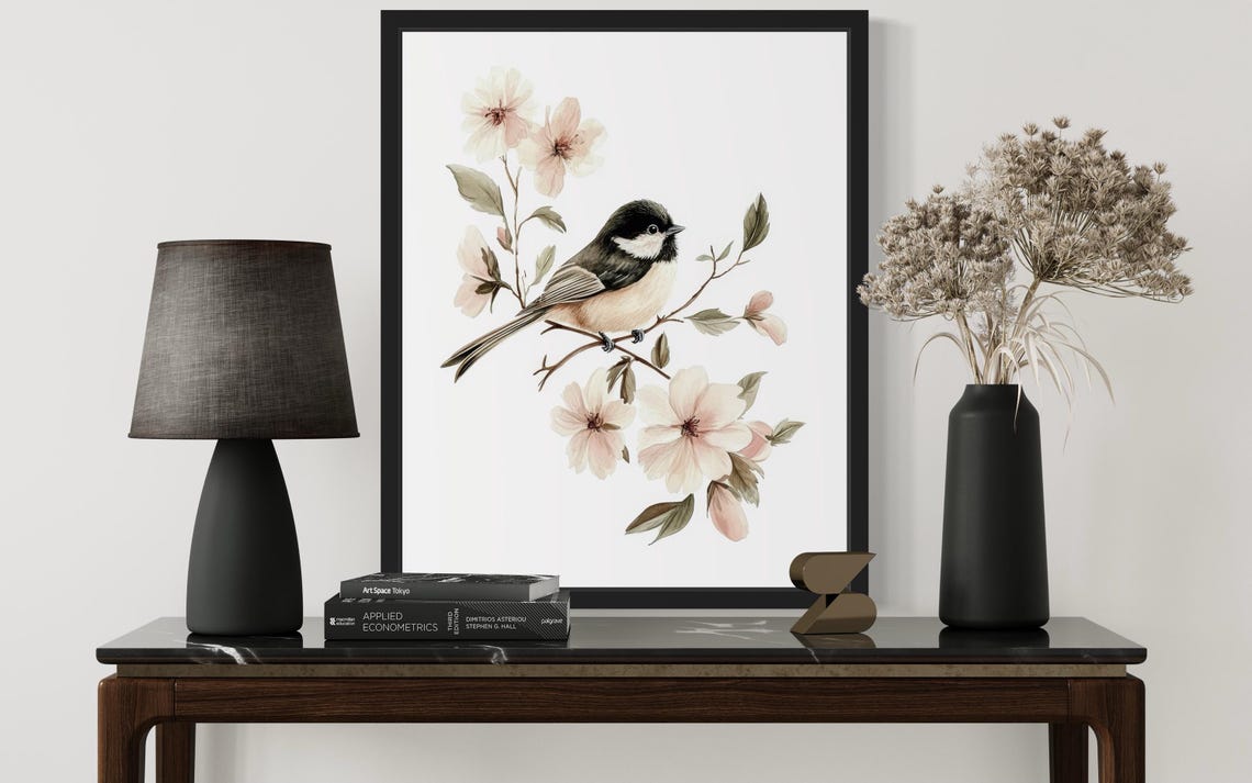 Black Capped Chickadee On Cherry Blossom Watercolor Bird Poster - Image 2