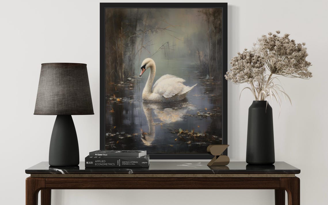 White Swan On Misty Dark Pond Vintage Style Reflection Poster - Image 2