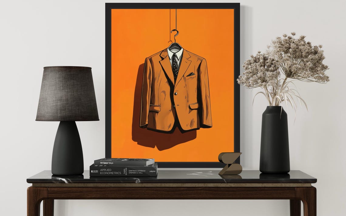 Vintage Tan Suit Pop Art Poster on Bold Orange Background Decor - Image 3