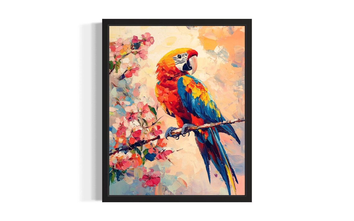 Scarlet Macaw Cherry Blossom Branch Colorful Parrot Painting Wall Art