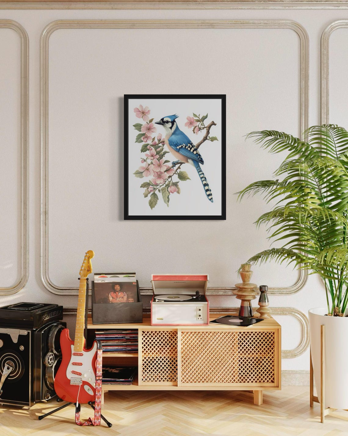 Vibrant Blue Jay on Blossom Branch Botanical Watercolor Poster - Image 4