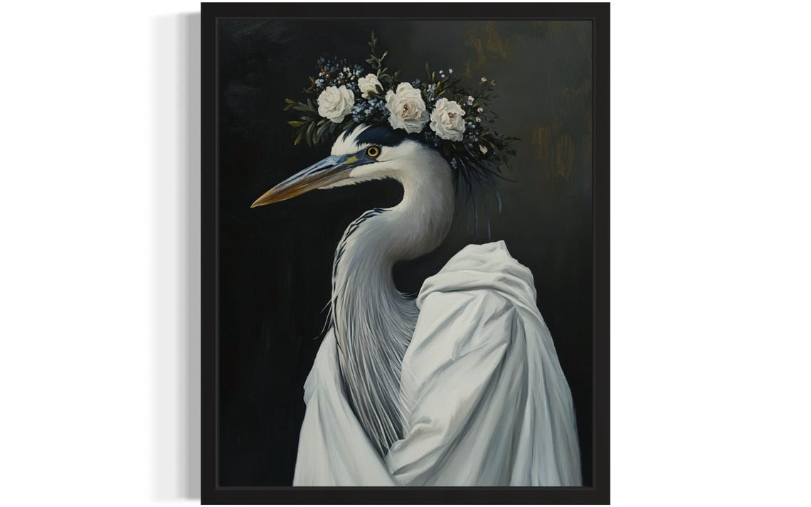 Elegant Blue Heron Portrait with White Rose Crown Drape Poster