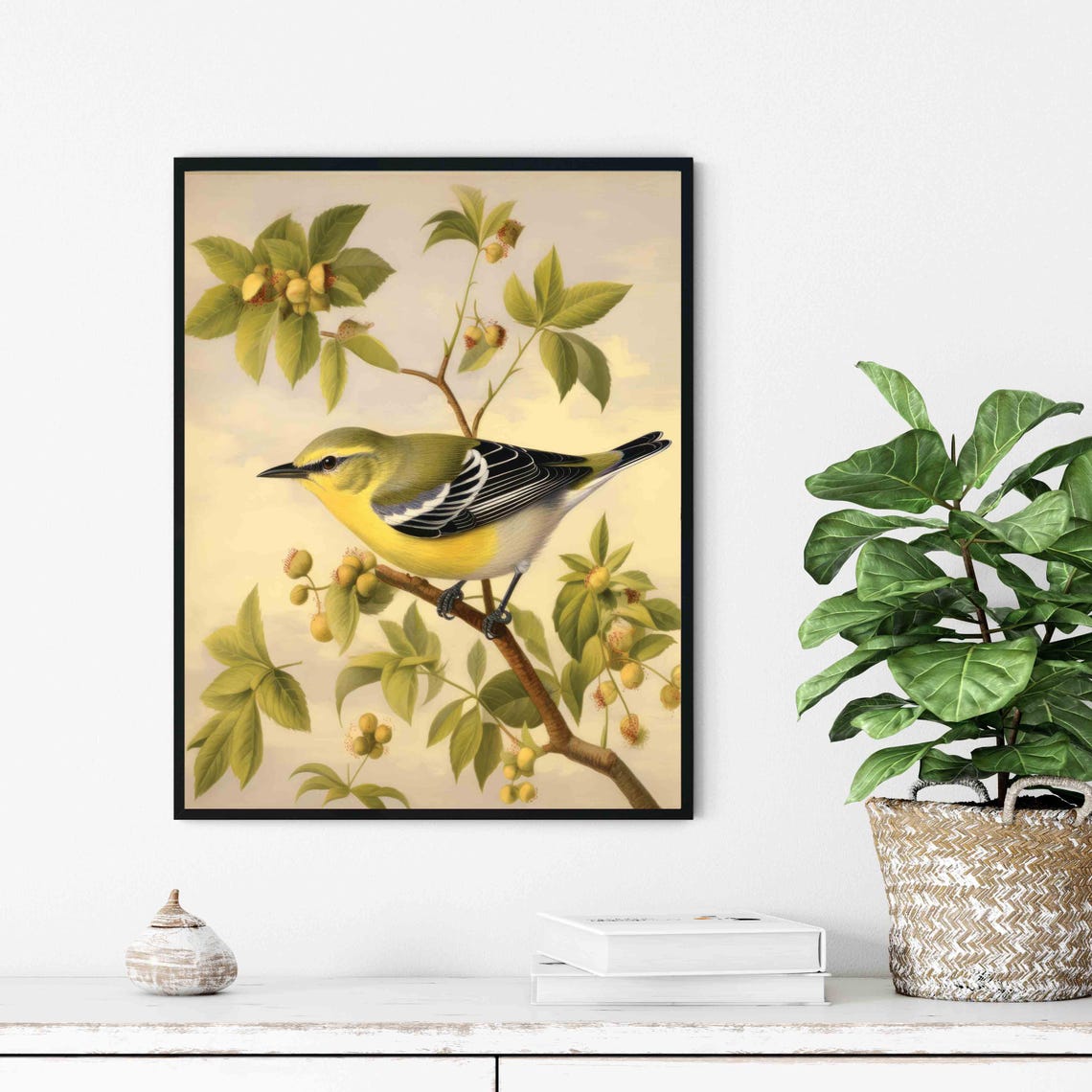 Yellow Warbler Perched on a Berry-Laden Branch Vintage Songbird Poster - Image 2