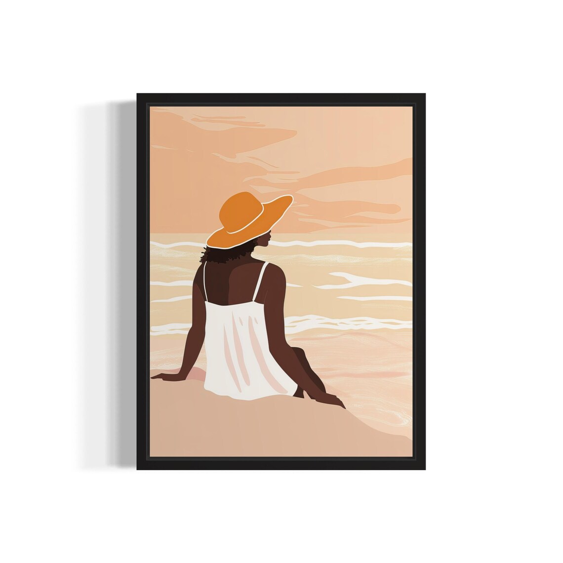 Dreamy Orange Sunhat Woman Sitting Beach Sunset Minimalist Poster