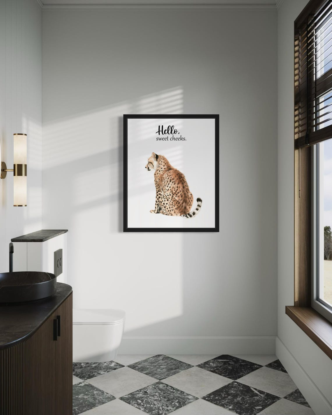Cheetah Sitting Back View Hello Sweet Cheeks Funny Bathroom Poster - Image 4