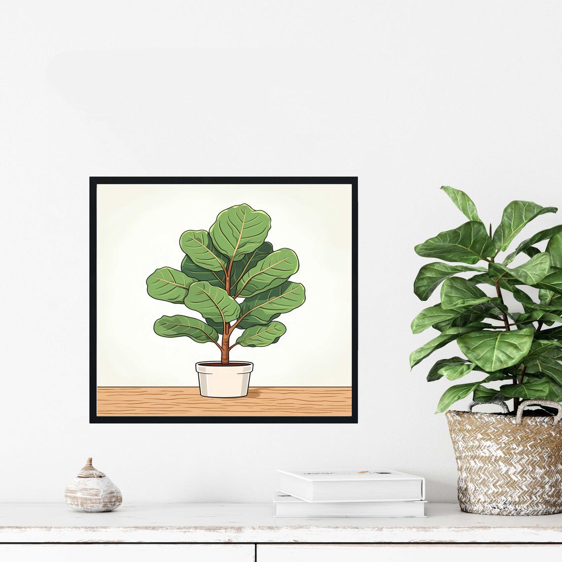 Fiddle Leaf Fig Plant White Pot Wooden Shelf Botanical Art Poster - Image 4