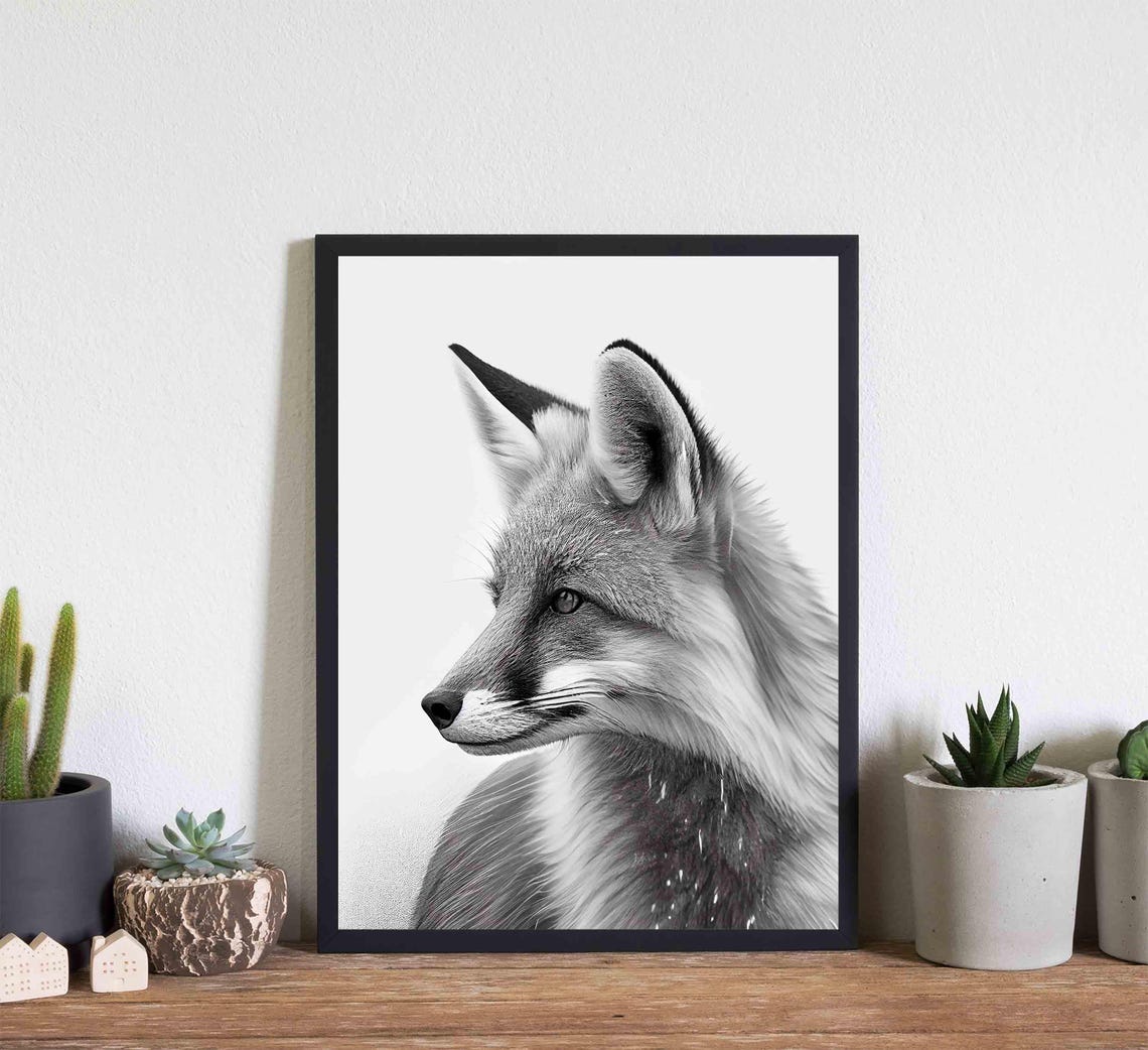 Fox Black and White Side Profile Woodland Animal Portrait Poster - Image 2