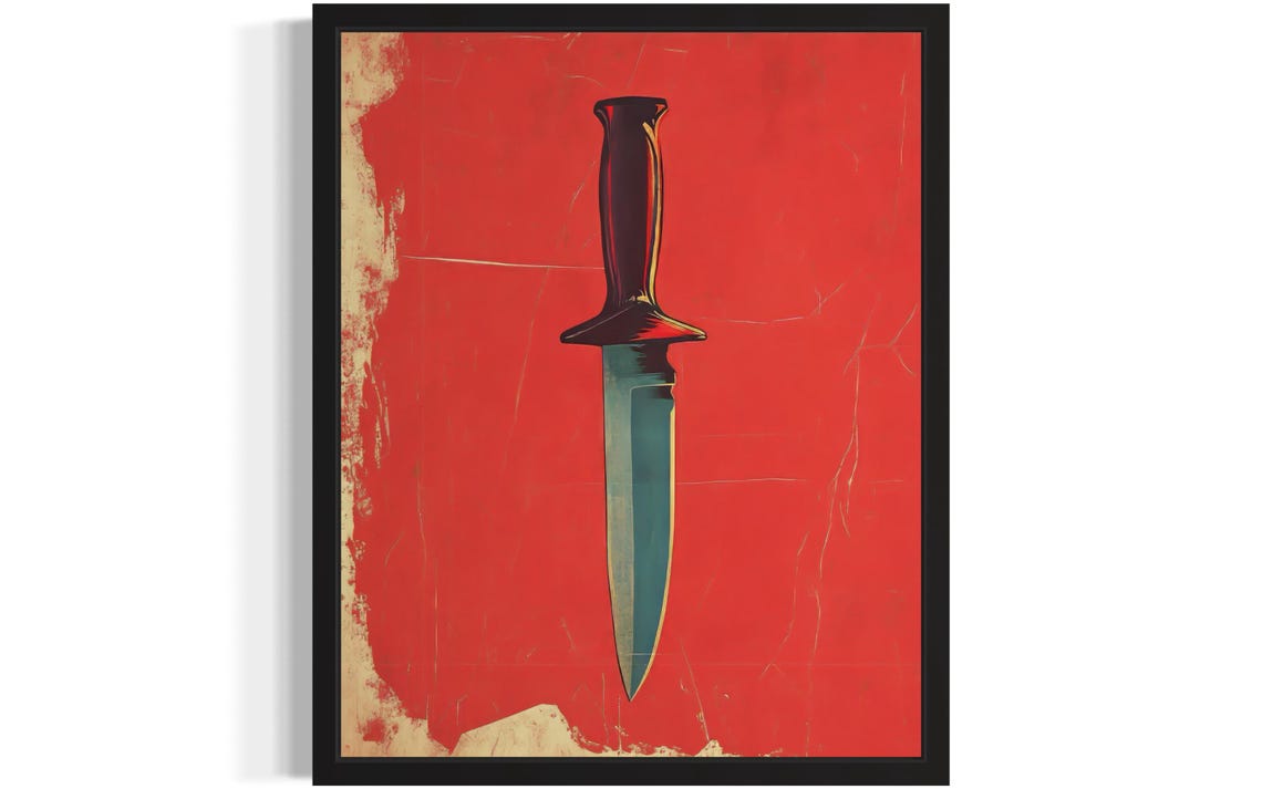 Bold Vintage Knife Dagger Red Background Pop Art Kitchen Poster