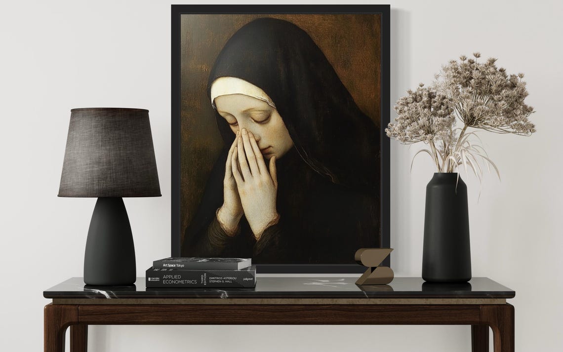 Nun in Black Habit Holding Nose in Funny Prayer-Like Pose Poster - Image 3