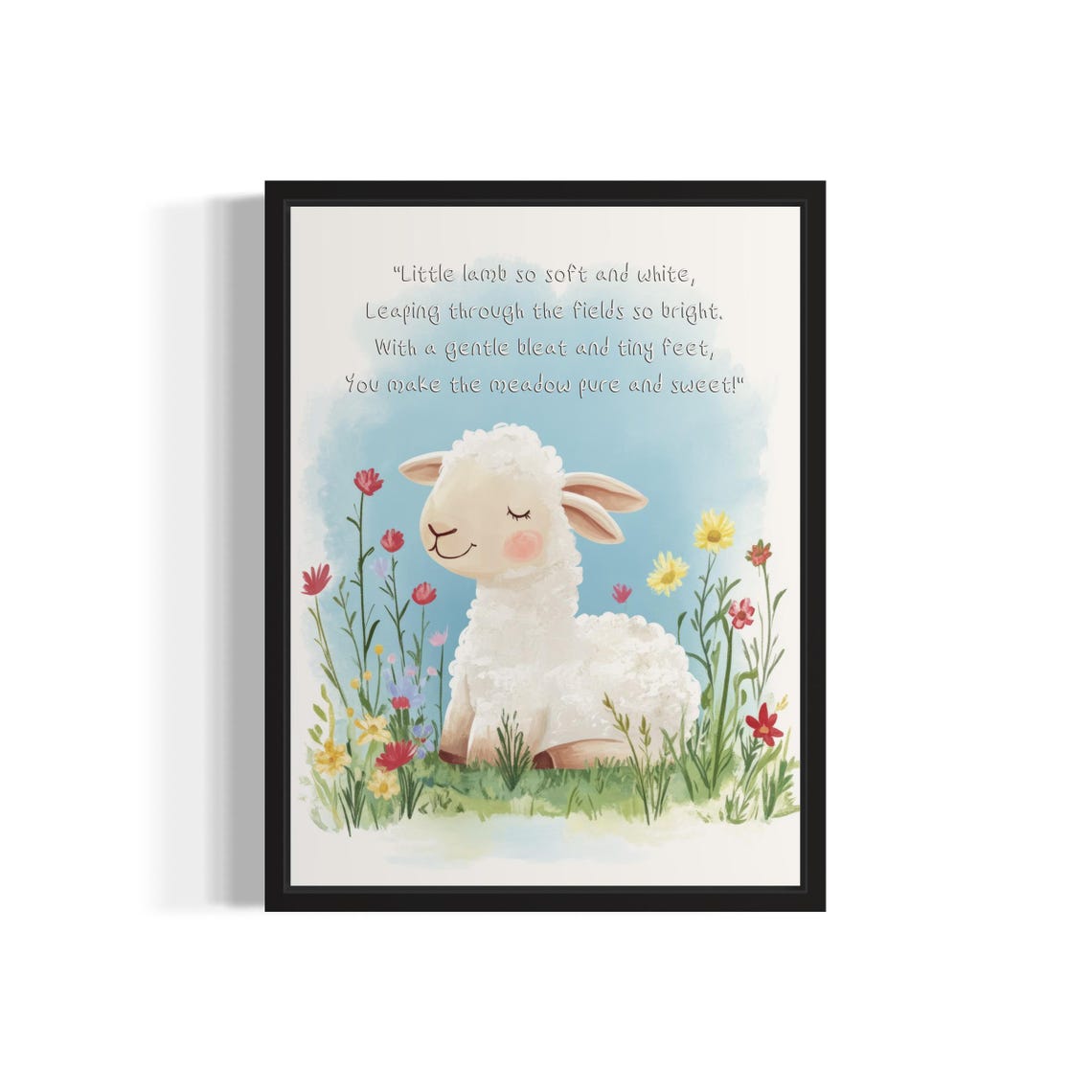 Gentle Baby Lamb Resting with Sweet Meadow Poem Nursery Wall Poster