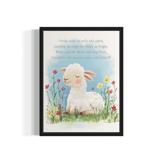 Gentle Baby Lamb Resting with Sweet Meadow Poem Nursery Wall Poster