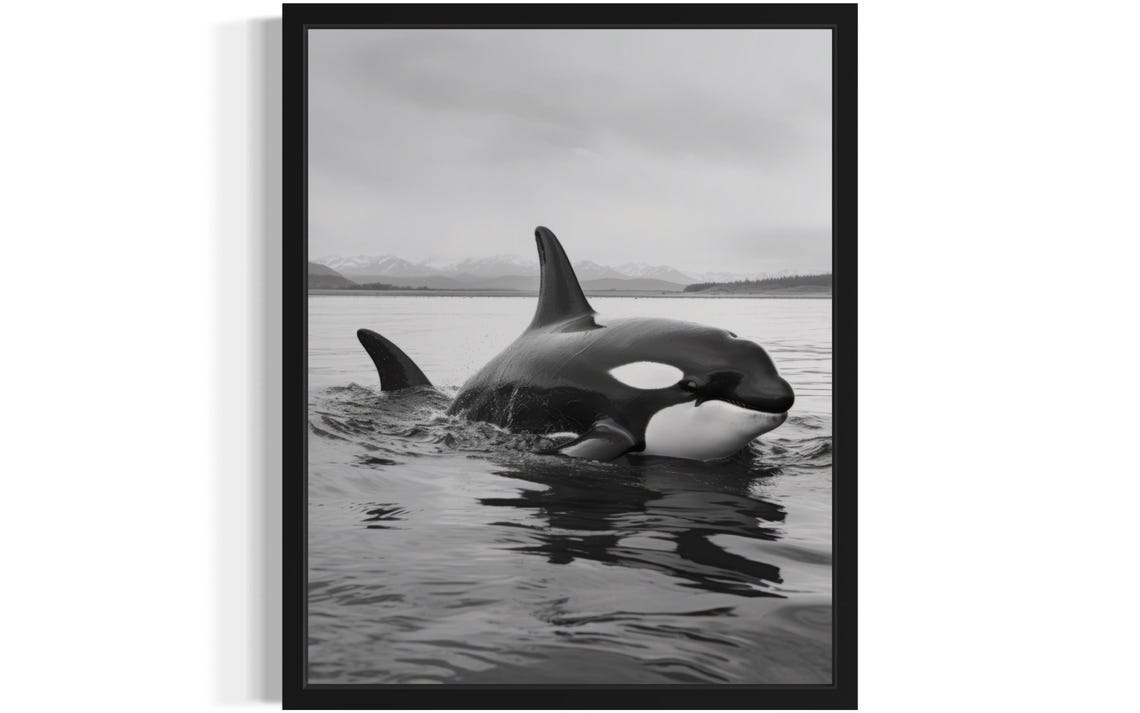 Orca Surfacing In Calm Water Black And White Photo Art Poster