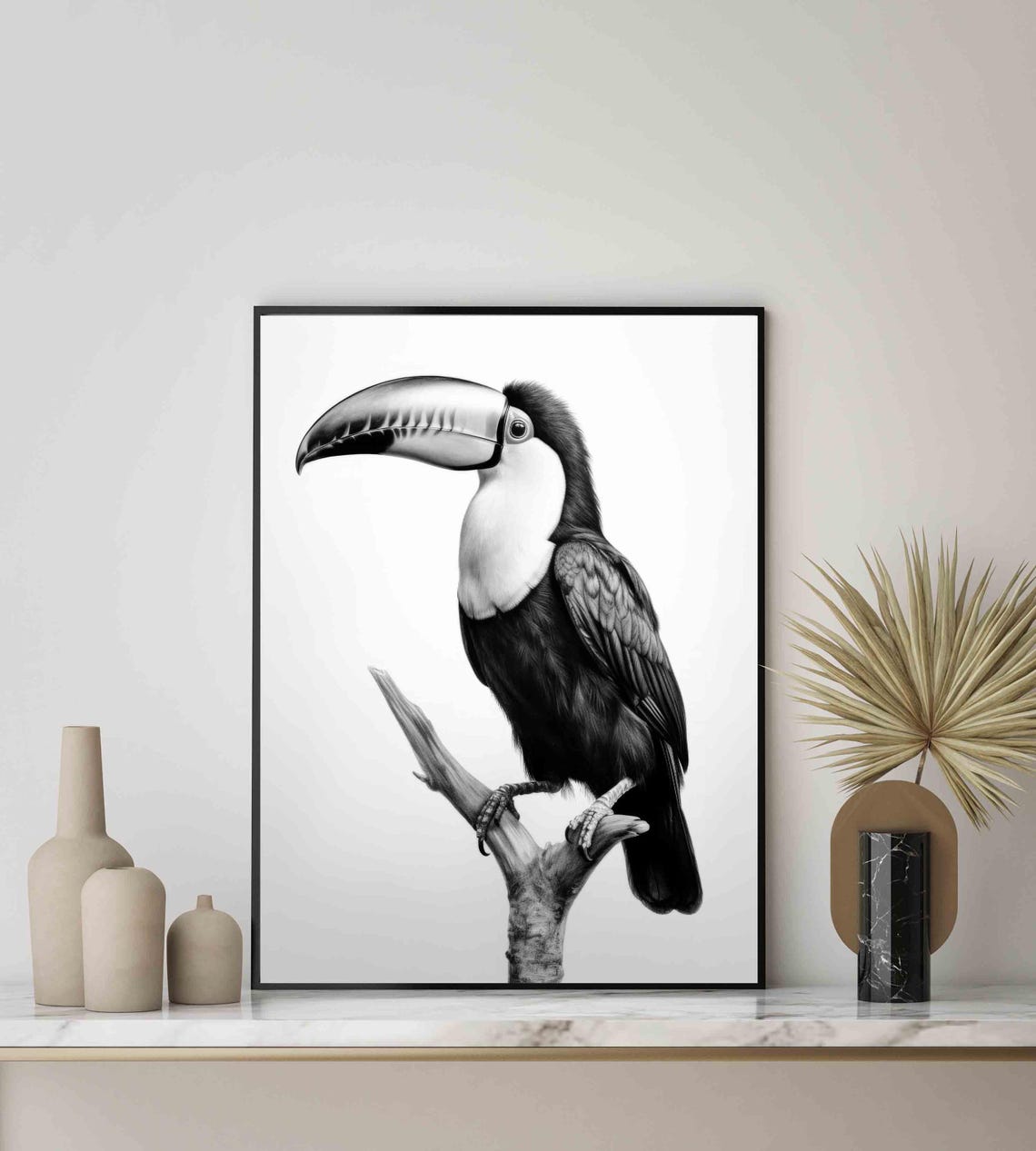 Black and White Toucan on Branch Detailed Art Poster Home Decor Gift - Image 4