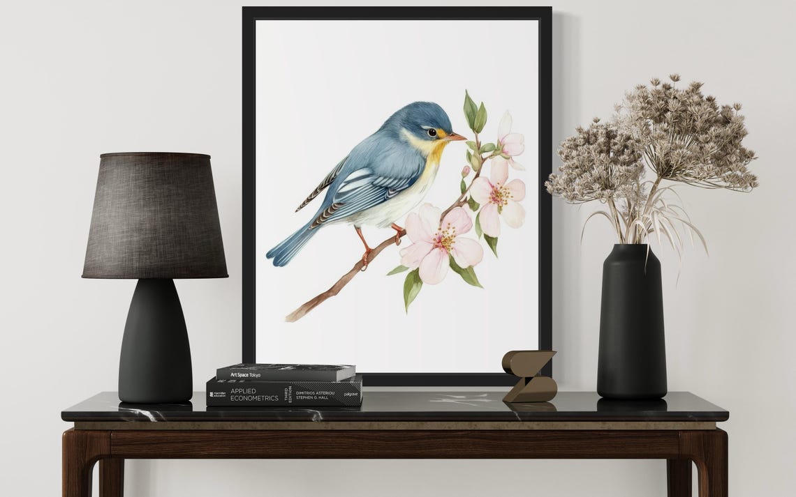 Northern Parula Warbler on a Flowering Branch Watercolor Poster - Image 2