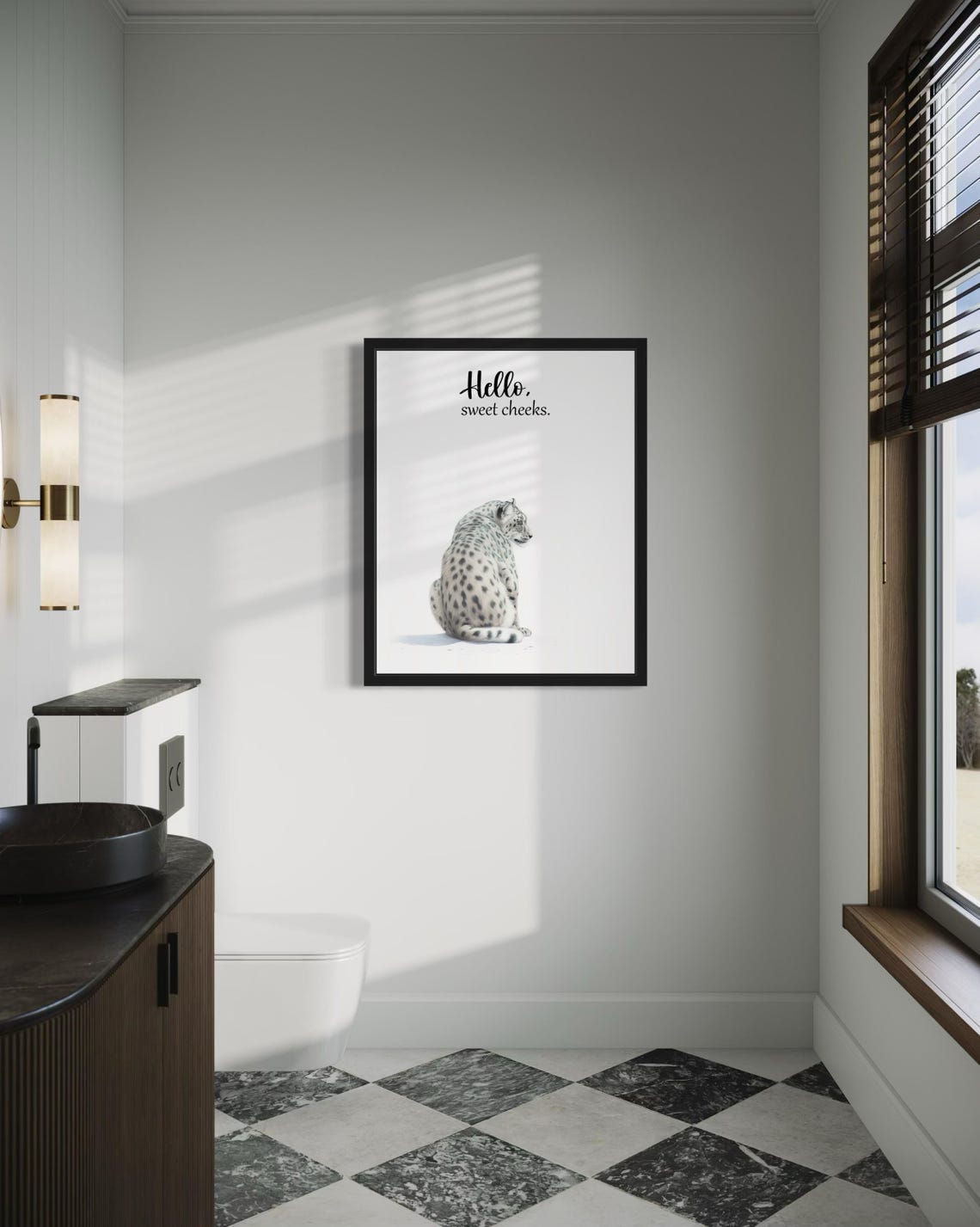 Snow Leopard Back View Hello Sweet Cheeks Funny Bathroom Poster - Image 4