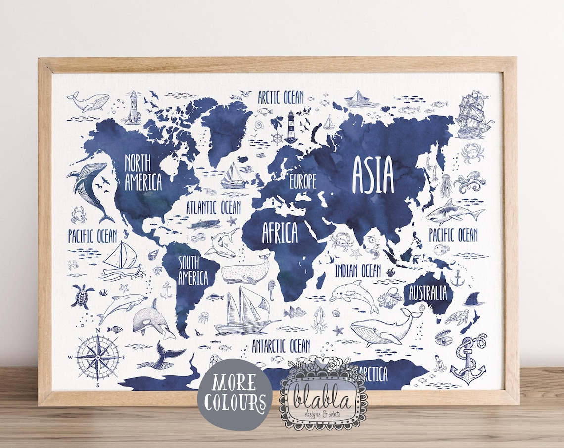 Blue Watercolour Nautical World Map With Sea Creatures Poster