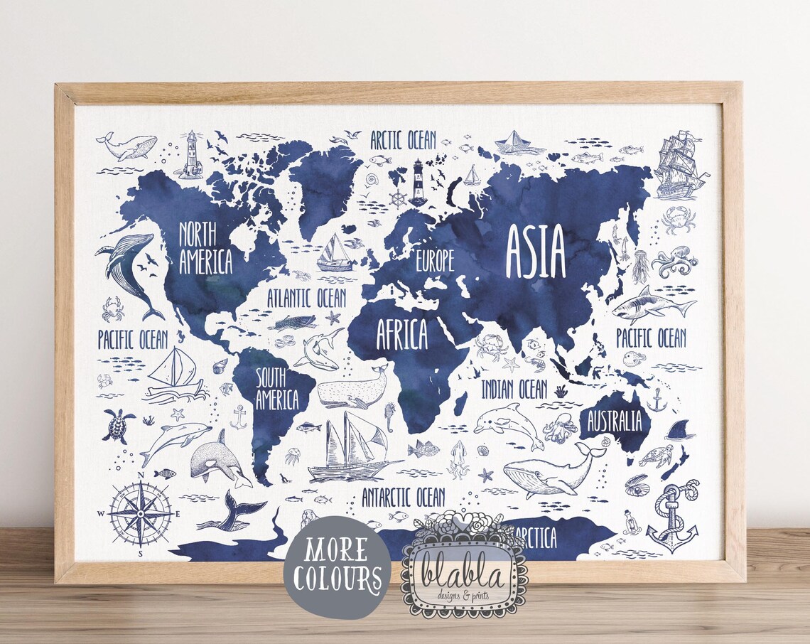 World Map Nautical Sepia Ocean Wildlife Kids Educational Poster - Image 2