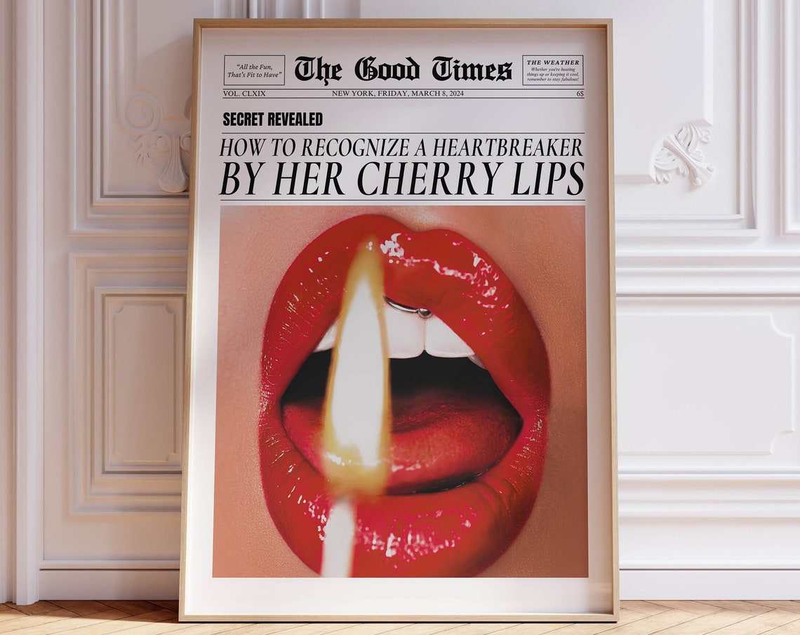Cherry Lips Heartbreaker Newspaper Headline Vintage Pop Art Poster