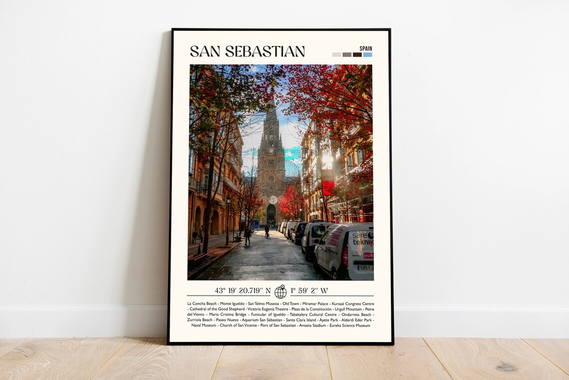 San Sebastian Spain Cathedral Street Photo Poster With Landmark Guide