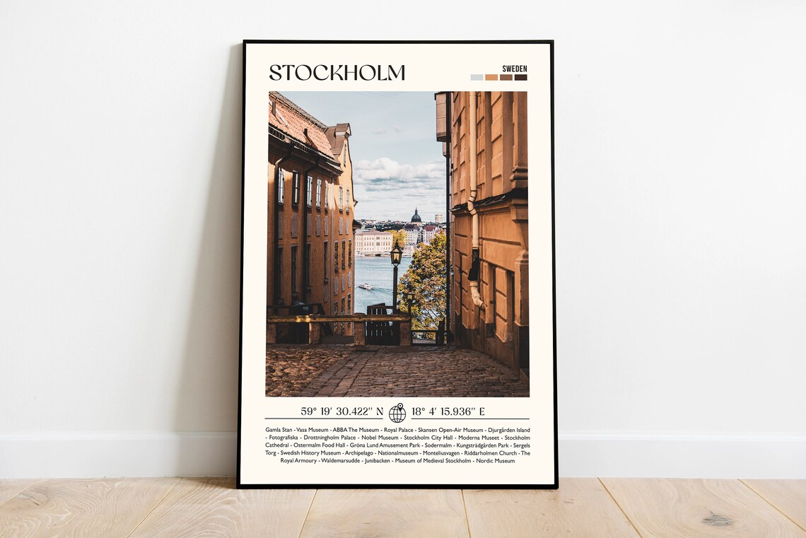 Stockholm Sweden Photo Travel Poster Old Town Street with Harbor View