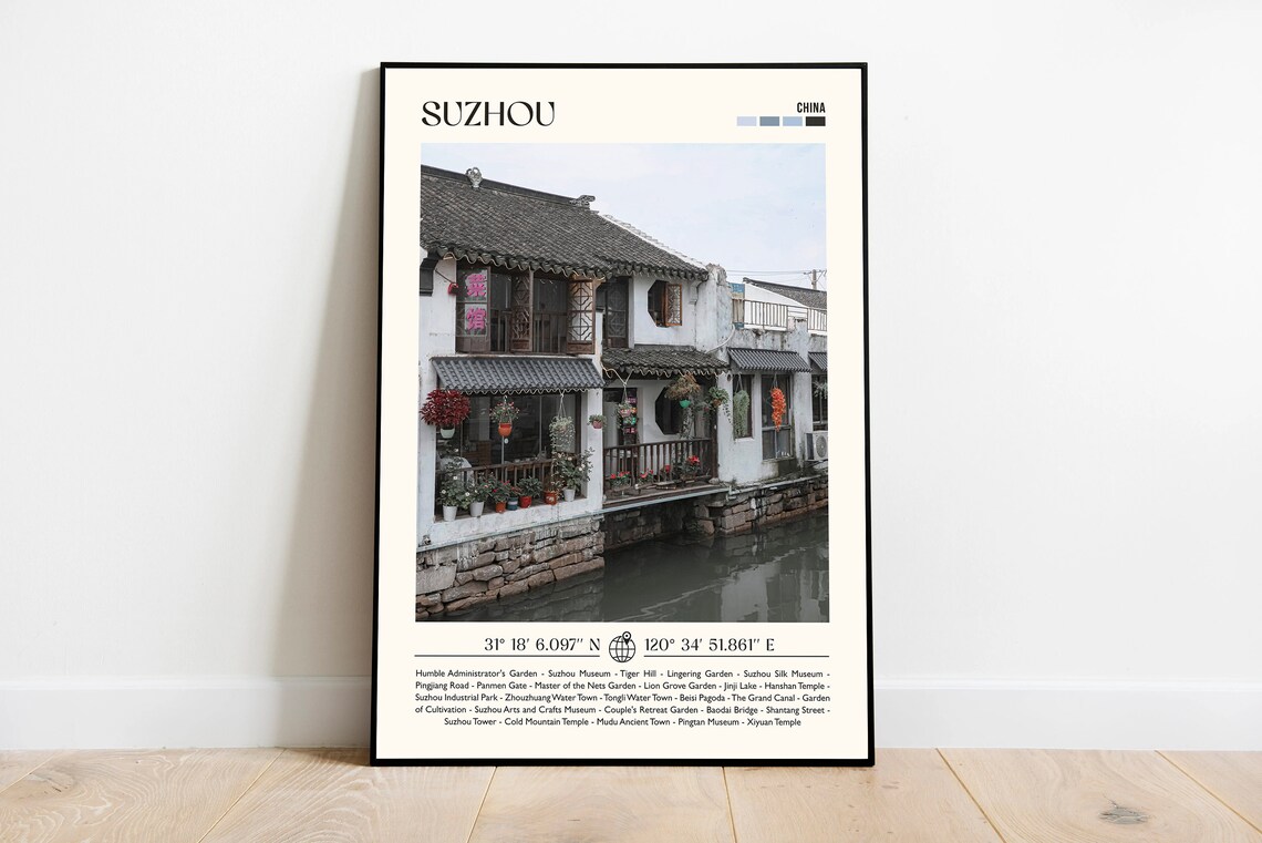 Suzhou China Ancient Canal Town Water Street Coordinates Travel Poster