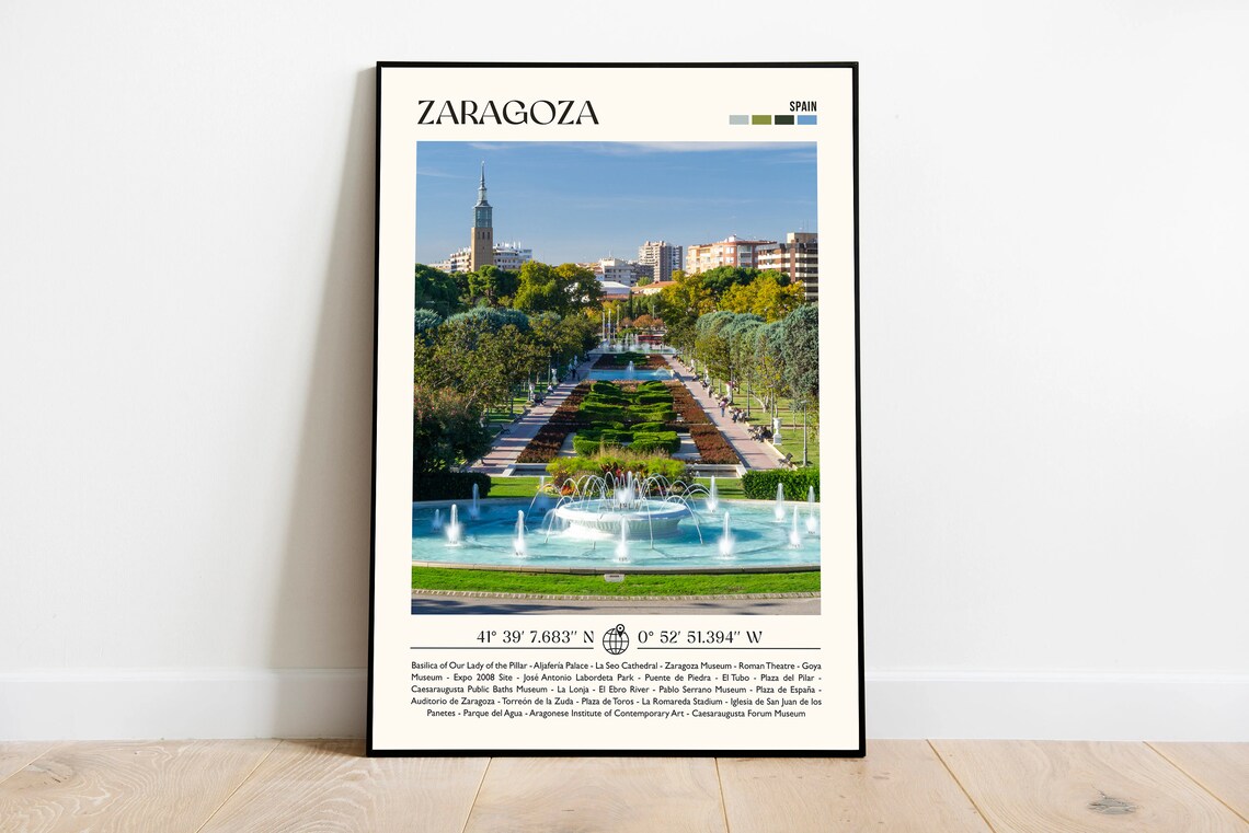 Zaragoza Spain Sunny Park Fountain Minimalist Photo Travel Poster